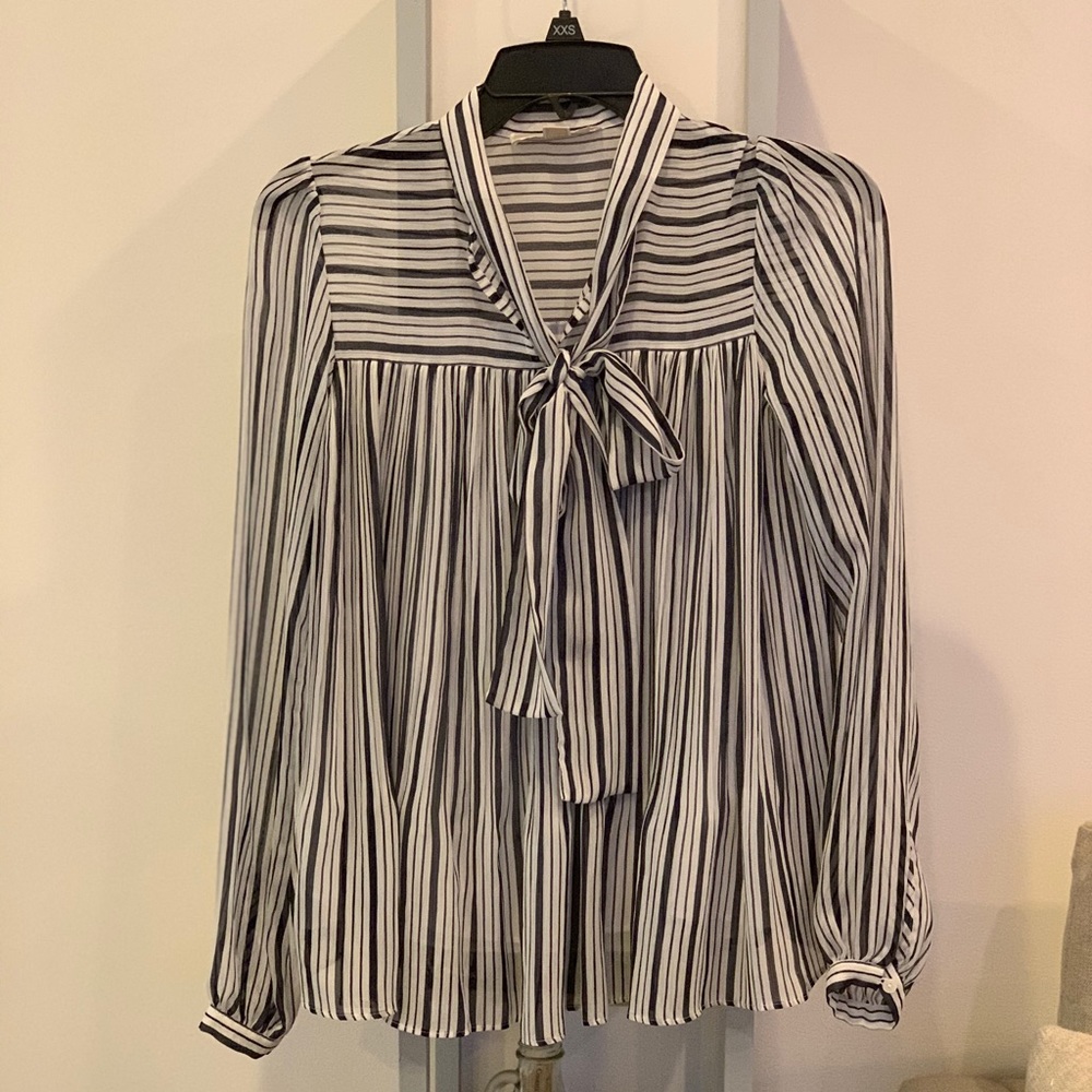 Michael Kors White/Navy Stripe Tie-Neck Blouse XXS
